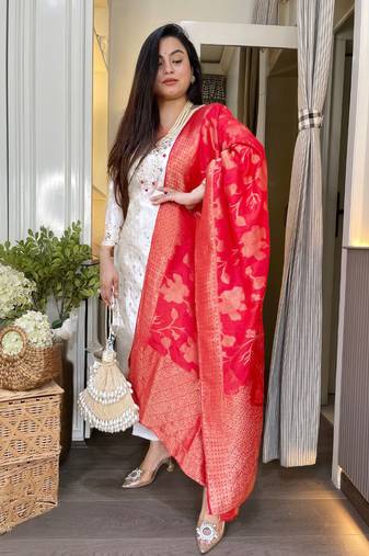 Women's Beautiful Chanderi Jacquard Fabric Embroidery Work Straight Kurta Pant and Dupatta Set