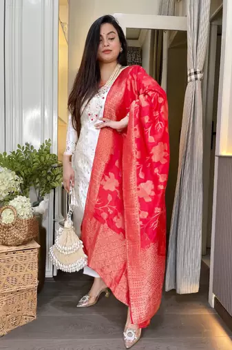 Women's Beautiful Chanderi Jacquard Fabric Embroidery Work Straight Kurta Pant and Dupatta Set