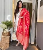  Chanderi Jacquard Embroidery Work Straight Kurta Pant and Dupatta Set