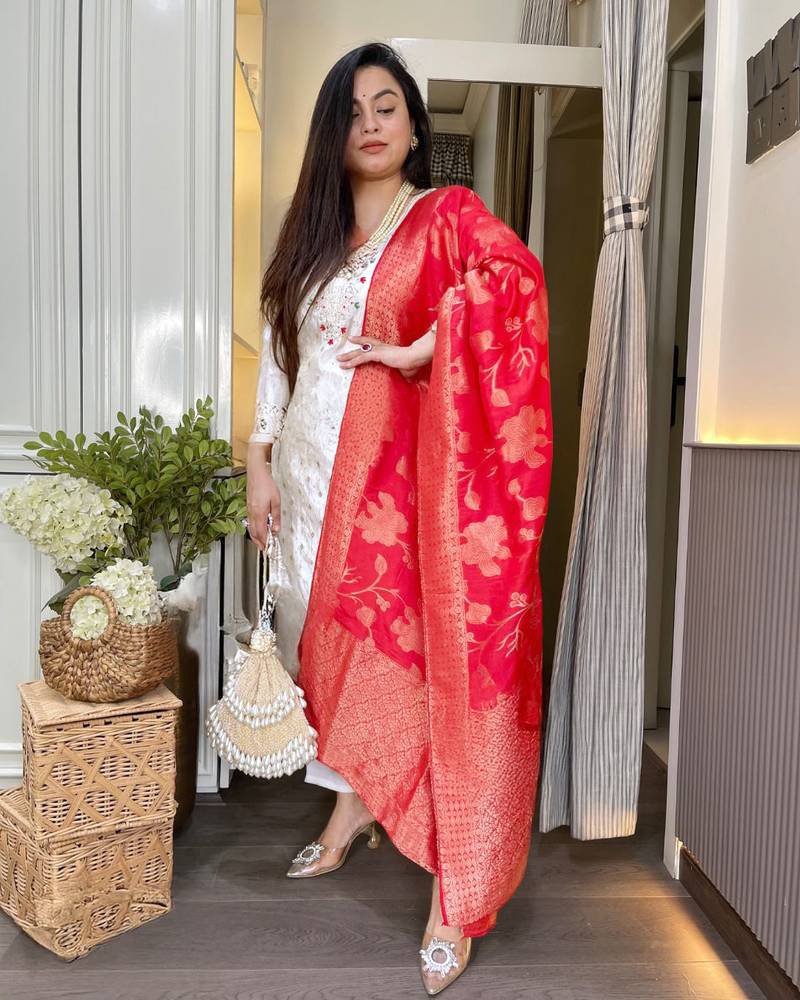 Women's Beautiful Chanderi Jacquard Fabric Embroidery Work Straight Kurta Pant and Dupatta Set