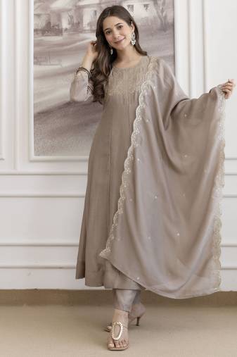 Women's Beautiful Vichitra Silk Fabric Embroidery Work Flared Anarkali Pant and Dupatta Set