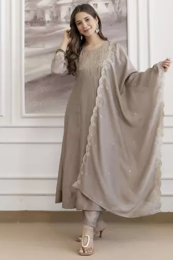 Women's Beautiful Vichitra Silk Fabric Embroidery Work Flared Anarkali Pant and Dupatta Set