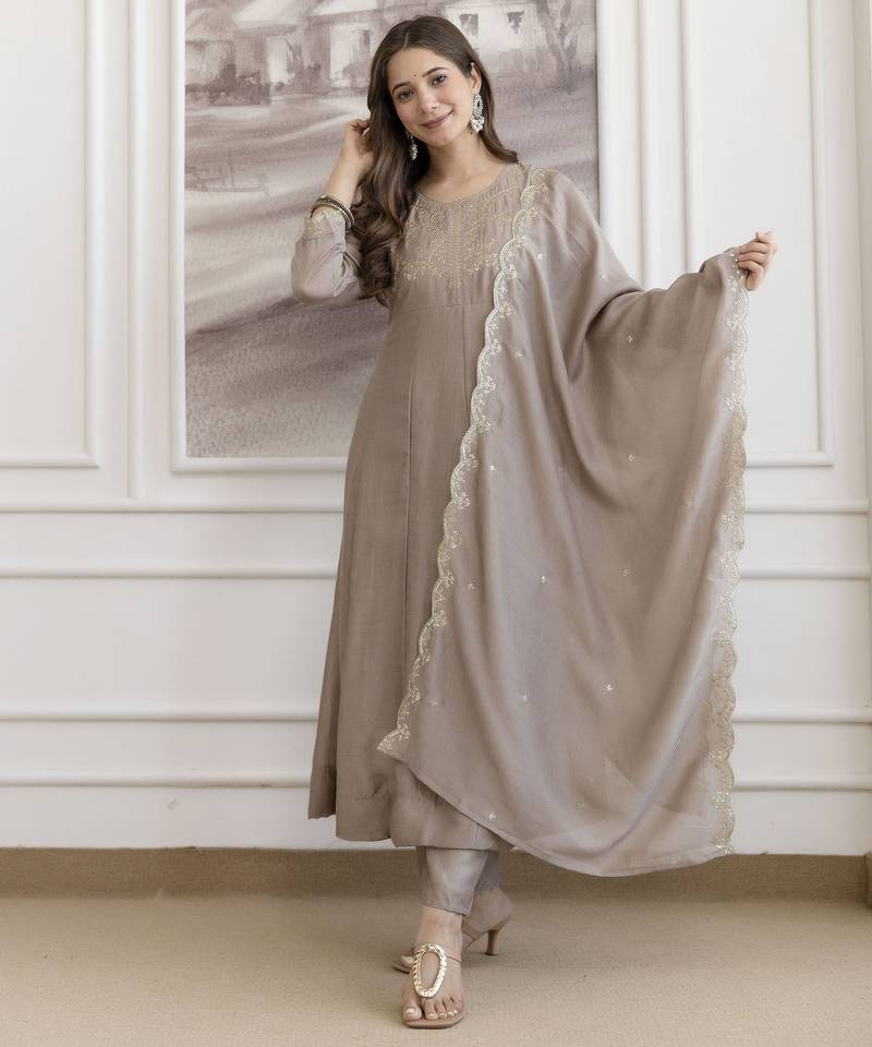 Women's Beautiful Vichitra Silk Fabric Embroidery Work Flared Anarkali Pant and Dupatta Set