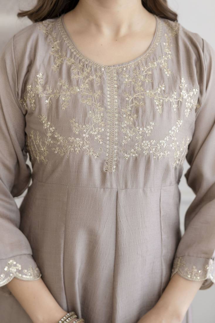 Women's Beautiful Vichitra Silk Fabric Embroidery Work Flared Anarkali Pant and Dupatta Set