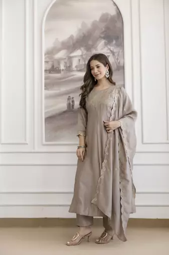  Vichitra Silk Embroidery Work Flared Anarkali Pant and Dupatta Set