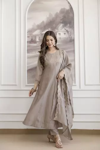  Vichitra Silk Embroidery Work Flared Anarkali Pant and Dupatta Set