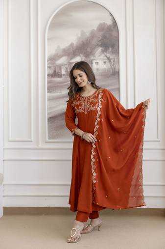 Women's Beautiful Vichitra Silk Fabric Embroidery Work Flared Anarkali Pant and Dupatta Set