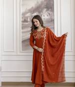 Women's Beautiful Vichitra Silk Fabric Embroidery Work Flared Anarkali Pant and Dupatta Set