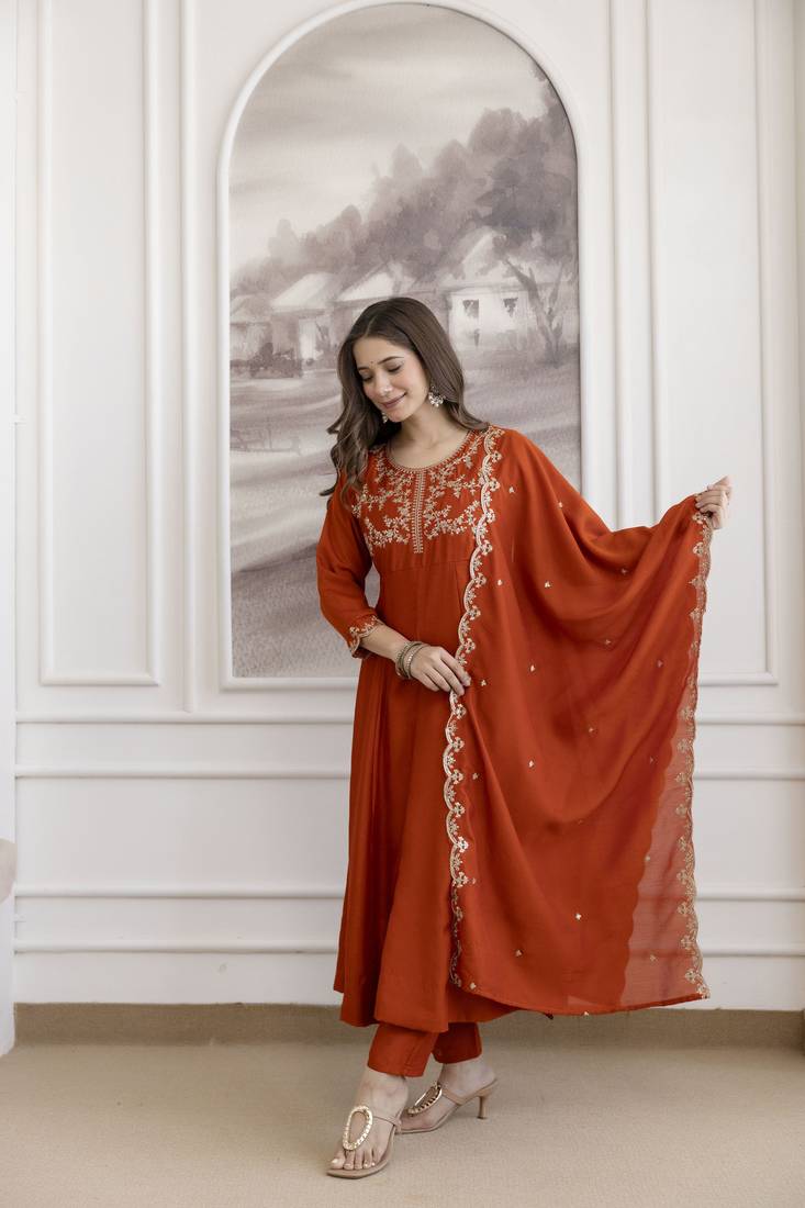 Women's Beautiful Vichitra Silk Fabric Embroidery Work Flared Anarkali Pant and Dupatta Set