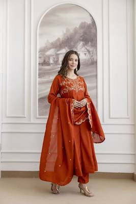 Vichitra Silk Embroidery Work Flared Anarkali Pant and Dupatta Set 3