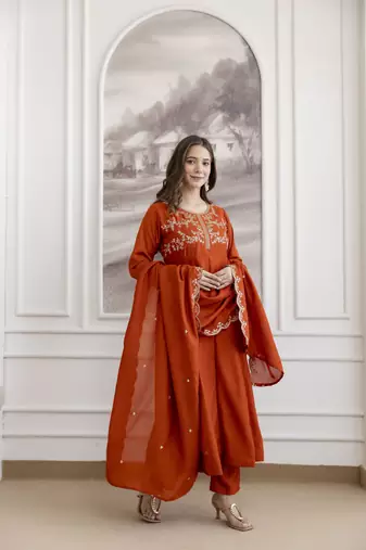  Vichitra Silk Embroidery Work Flared Anarkali Pant and Dupatta Set