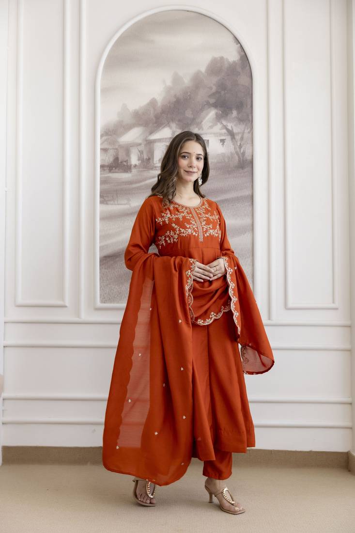 Women's Beautiful Vichitra Silk Fabric Embroidery Work Flared Anarkali Pant and Dupatta Set