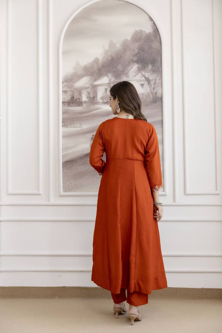 Women's Beautiful Vichitra Silk Fabric Embroidery Work Flared Anarkali Pant and Dupatta Set