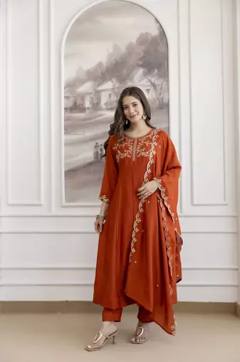  Vichitra Silk Embroidery Work Flared Anarkali Pant and Dupatta Set