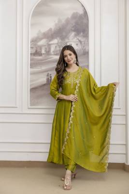  Vichitra Silk Embroidery Work Flared Anarkali Pant and Dupatta Set 1