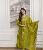  Vichitra Silk Embroidery Work Flared Anarkali Pant and Dupatta Set