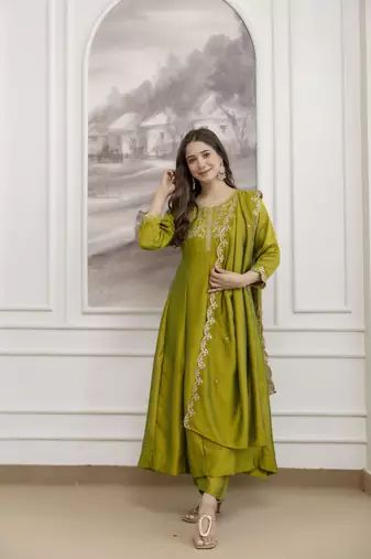  Vichitra Silk Embroidery Work Flared Anarkali Pant and Dupatta Set