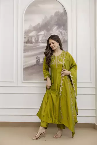  Vichitra Silk Embroidery Work Flared Anarkali Pant and Dupatta Set