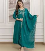  Vichitra Silk Embroidery Work Flared Anarkali Pant and Dupatta Set