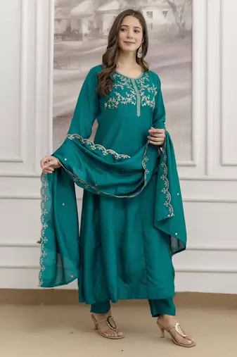  Vichitra Silk Embroidery Work Flared Anarkali Pant and Dupatta Set
