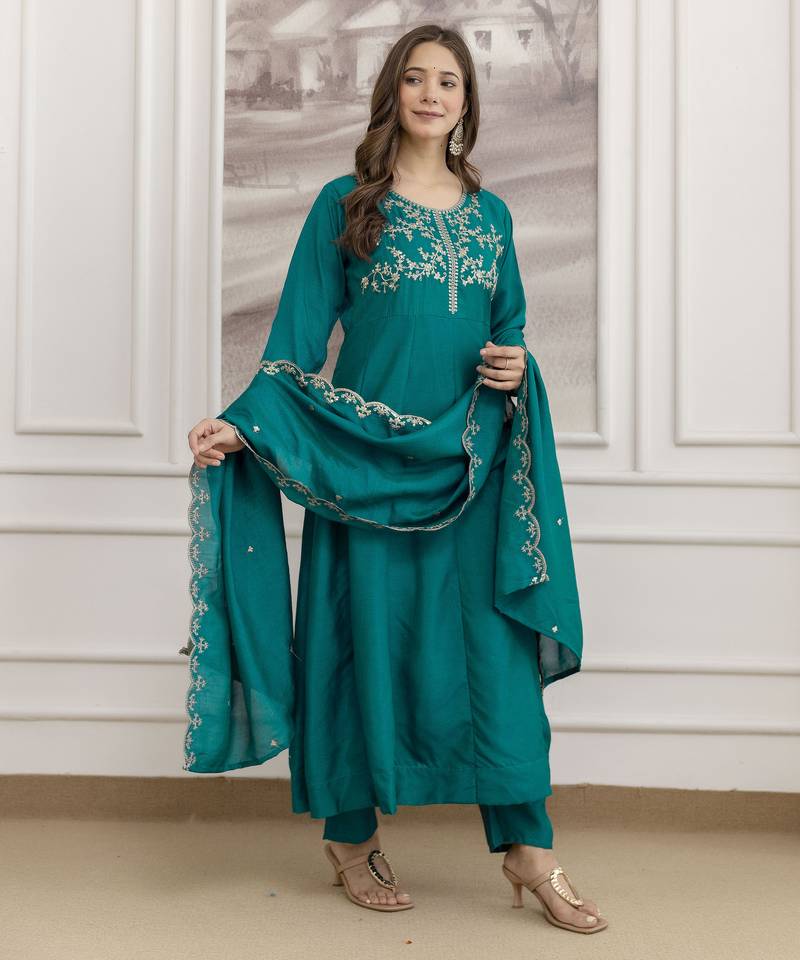 Women's Beautiful Vichitra Silk Fabric Embroidery Work Flared Anarkali Pant and Dupatta Set