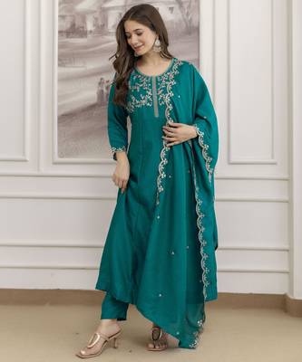  Vichitra Silk Embroidery Work Flared Anarkali Pant and Dupatta Set 5