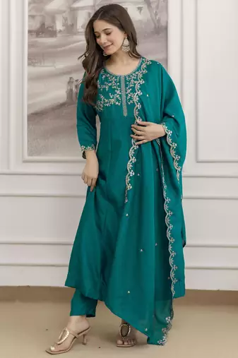  Vichitra Silk Embroidery Work Flared Anarkali Pant and Dupatta Set