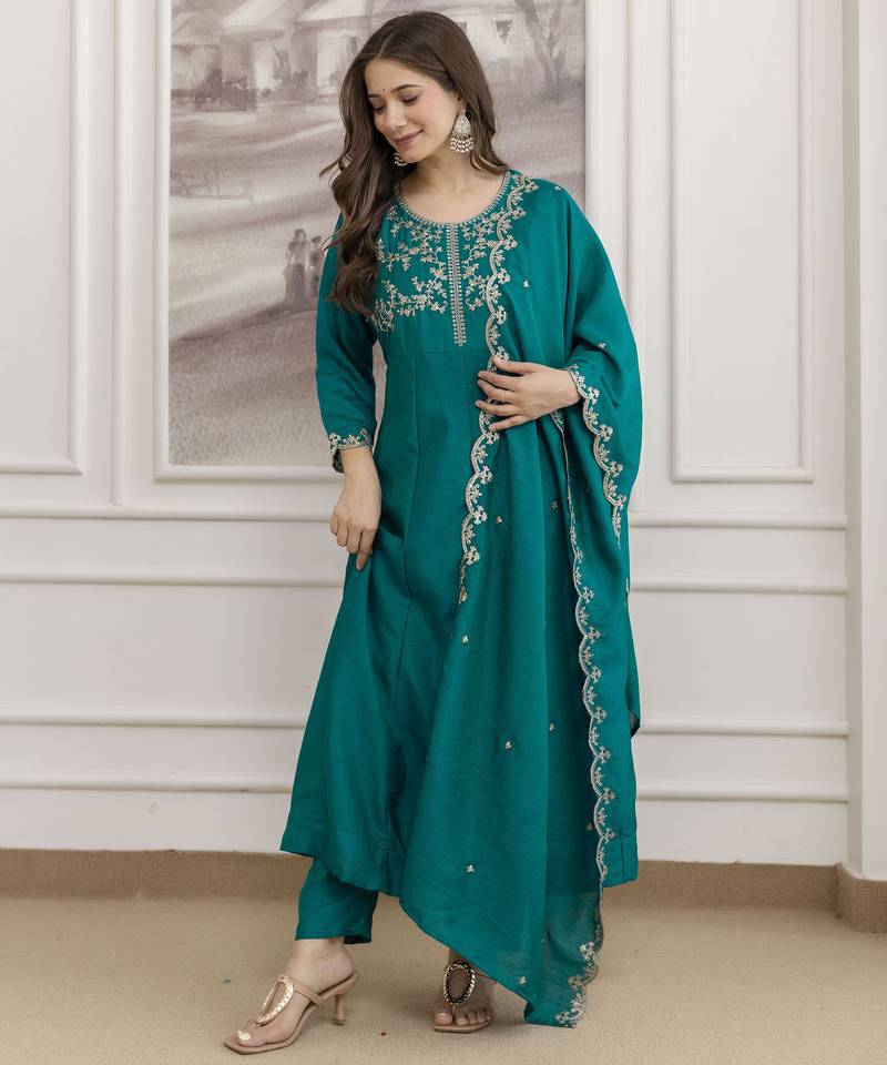 Women's Beautiful Vichitra Silk Fabric Embroidery Work Flared Anarkali Pant and Dupatta Set