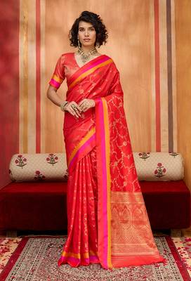 red zari weaving silk blend saree 1