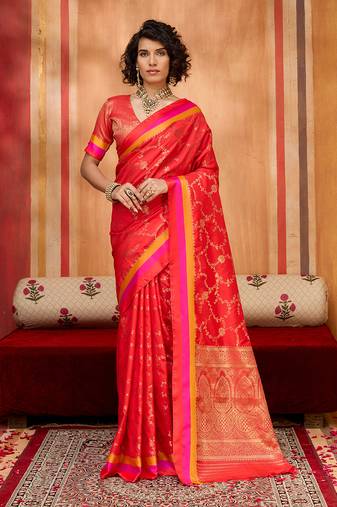 red weaving satin art silk festival trendy saree