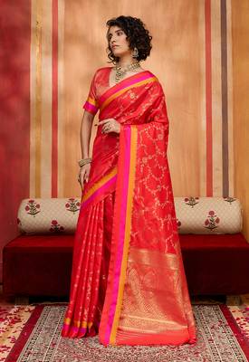 red zari weaving silk blend saree 2