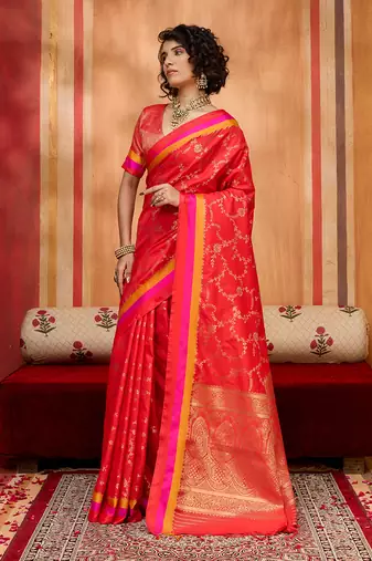 red zari weaving silk blend saree