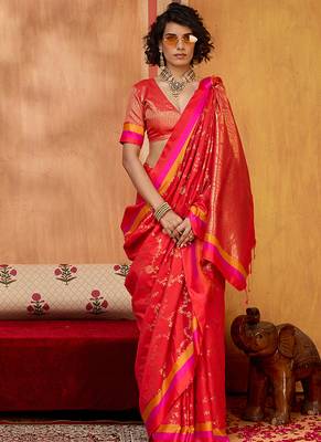 red zari weaving silk blend saree 3