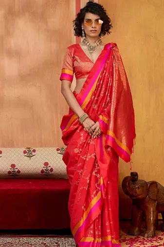 red zari weaving silk blend saree