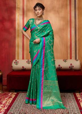 sea green zari weaving silk blend saree 1