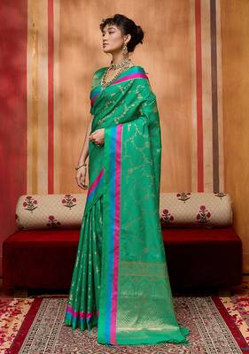 sea green zari weaving silk blend saree 2