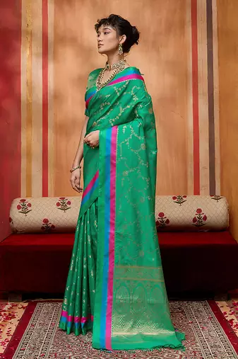 sea green zari weaving silk blend saree