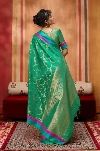 sea green zari weaving silk blend saree