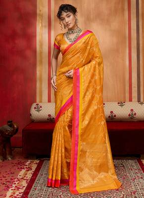 orange zari weaving silk blend saree 1