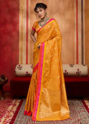 orange zari weaving silk blend saree 2