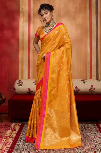 orange zari weaving silk blend saree