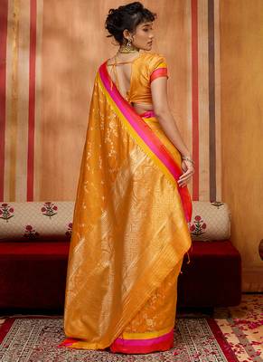 orange zari weaving silk blend saree 3