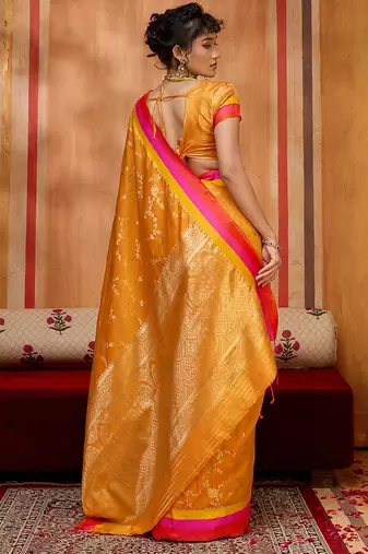 orange zari weaving silk blend saree