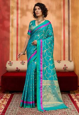 aqua blue zari weaving silk blend saree 1