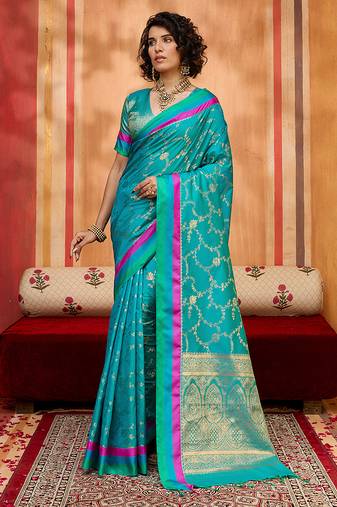 aqua blue weaving satin art silk festival trendy saree