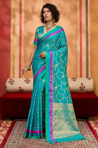 aqua blue weaving satin art silk festival trendy saree