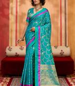 aqua blue weaving satin art silk festival trendy saree