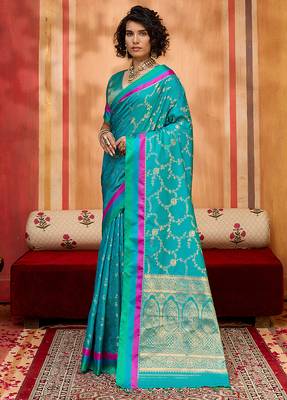 aqua blue zari weaving silk blend saree 2