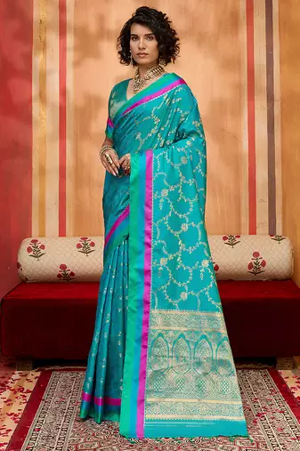 aqua blue zari weaving silk blend saree