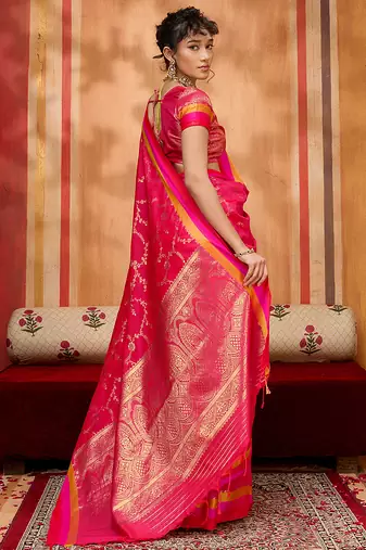 rani pink zari weaving silk blend saree